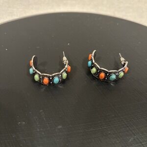 Bohemian Style Gemstone Silver Hoop Earrings